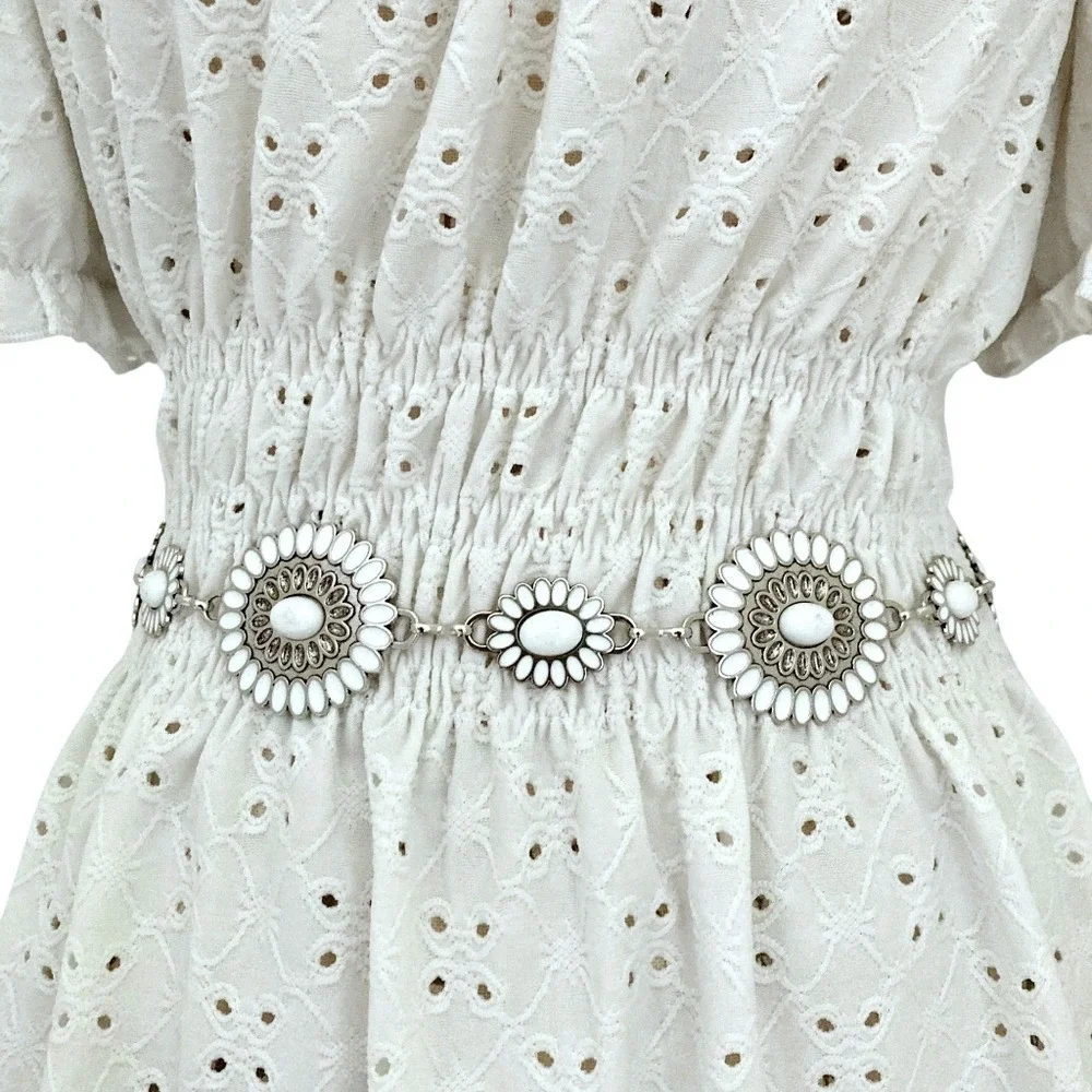 Western Chain metal boho waist Belt Silver floral Beaded Chunky medallion Fairy